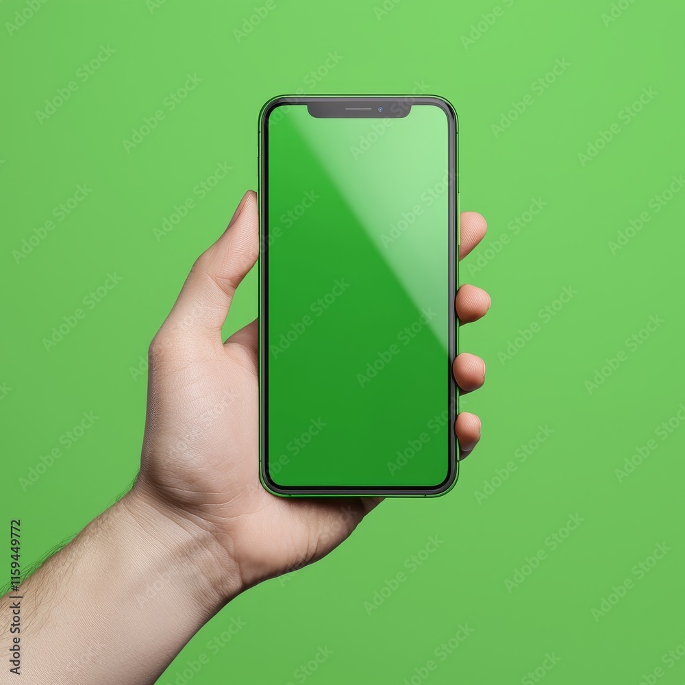 Aufkleber a hand holds a smartphone that has a blank green screen. mockup a hand holds a smartphone that has a