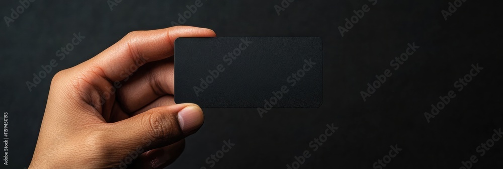 Poster Hand holding a sleek black gift card with ample space for text or design above it. Generative AI