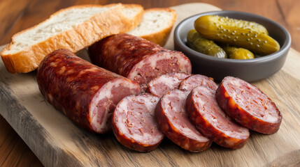Sliced kielbasa with a side of pickles and rye bread, inviting and hearty presentation 