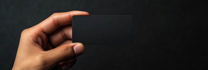 Hand holding a sleek black gift card with ample space for text or design above it. Generative AI