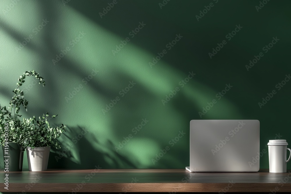 Poster the background is green and there is a blank screen on the laptop.