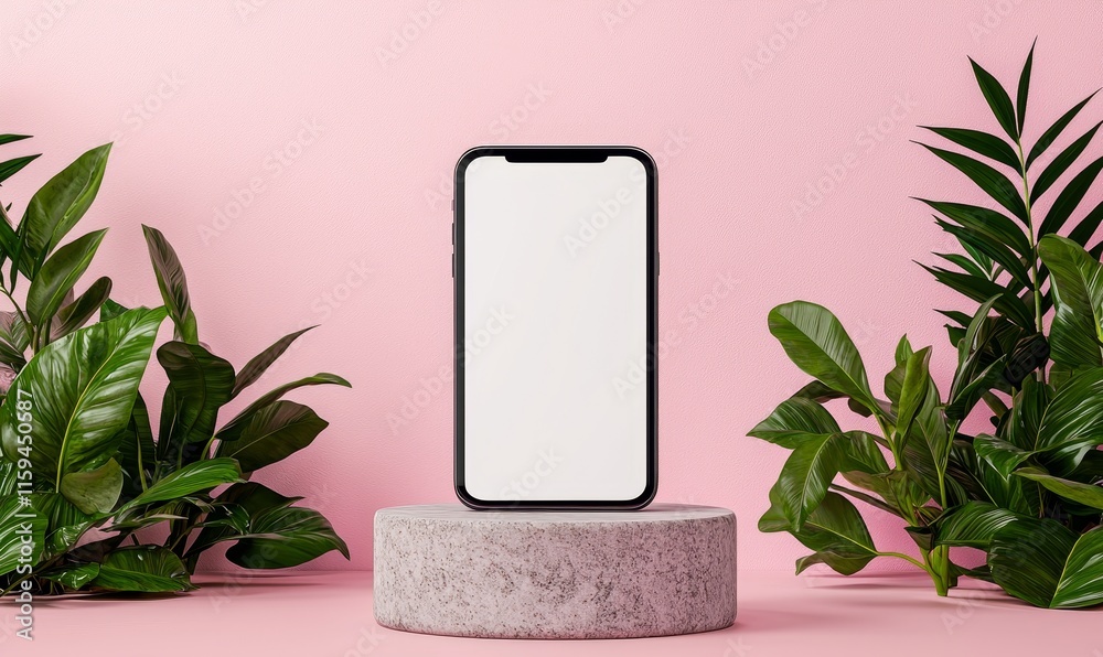 Poster an image of a modern smartphone on a stone platform with pink potted plants against a pink backdrop