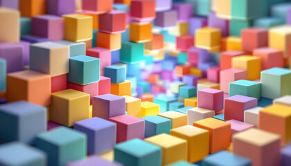 Obraz premium Colorful matrix of stacked cubes in a digital geometric pattern. Colorful 3d design of arrow-shaped cubes. Colorful geometric matrix of cubes with gradient shading, modern 3d background.