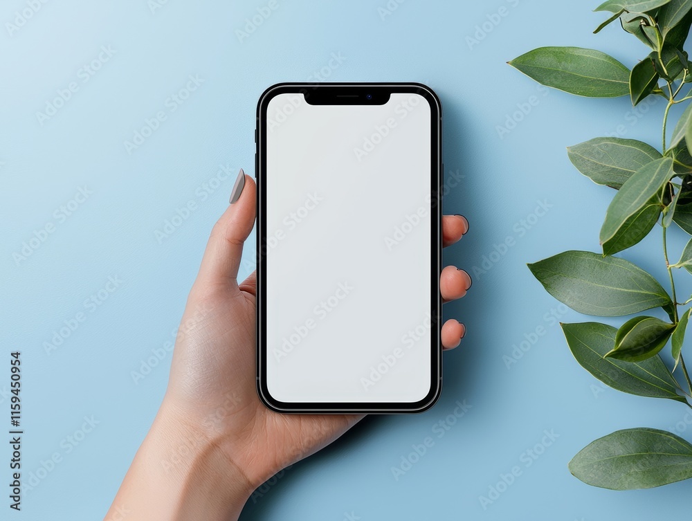 Poster for mockup ui ux screens, this is a hand holding smartphone with a white screen against a green back