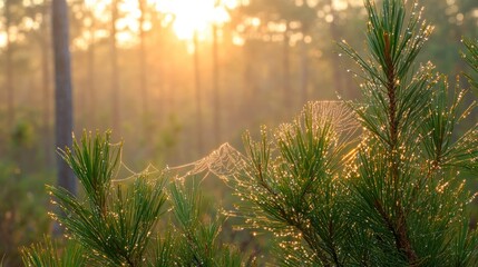 Naklejka premium Dew-covered pine needles with spiderweb at sunrise.