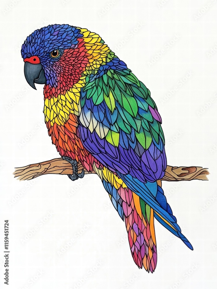 Leinwandbilder Colorful parrot perched on a branch with vibrant hues and empty space for text and design elements. Generative AI