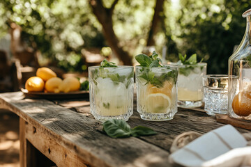 Ginger lemonade served on a rustic table with lemon and ginger garnish, cozy and refreshing ambiance