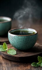 Steaming matcha tea in teal bowl on wood.