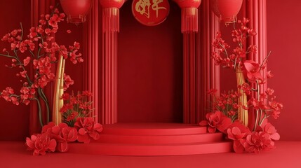 A vibrant red stage with floral decorations, symbolizing celebration and cultural festivities.