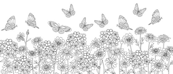 coloring book page for adults and children with panoramic floral field and butterflies