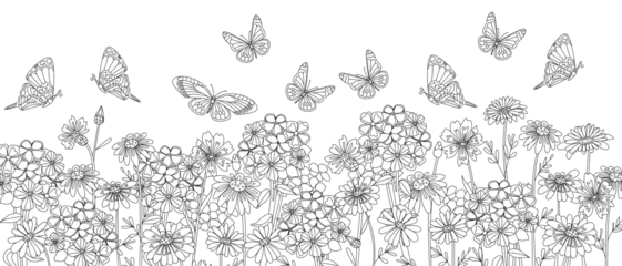 coloring book page for adults and children with panoramic floral field and butterflies © Aloksa