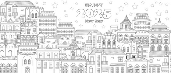 coloring book page for adults and children with panoramic night cityscape. happy new year 2025