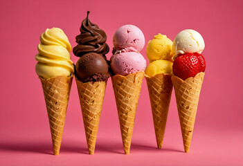 Various ice cream cones on pink background