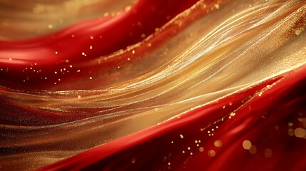 Red and gold fabric flowing with glitter.