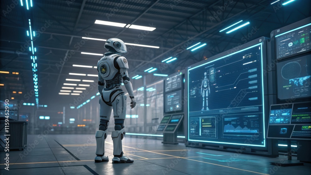 Aufkleber advanced humanoid robot analyzing data on a large, futuristic control panel in a high tech facility,
