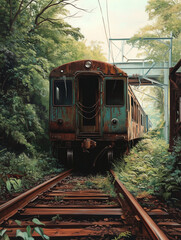 Obraz premium Derelict train car overgrown with vegetation on rusted tracks in a secluded forest setting