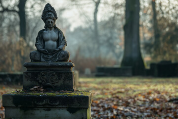 Fototapeta premium Crumbling statue of prosperity stands alone in a deserted, misty environment surrounded by fading autumn leaves