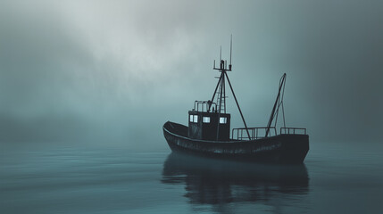 Naklejka premium Lone fishing boat drifts through dense fog on tranquil waters during early morning hours