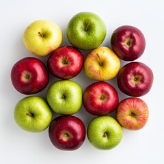 A top-down view of a cluster of red, green, and yellow apples arranged in a circular pattern on white