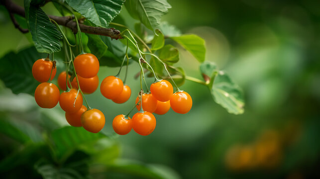 

A vibrant bunch of ripe Grewia fruits on a branch, surrounded by lush green leaves in natural light.