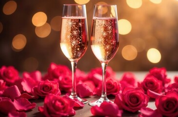 Two glasses of champagne are with beautiful rose petals on a table