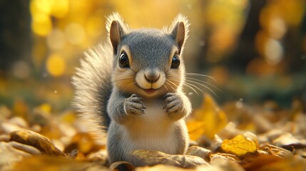 Adorable baby squirrel sitting amidst autumn leaves.