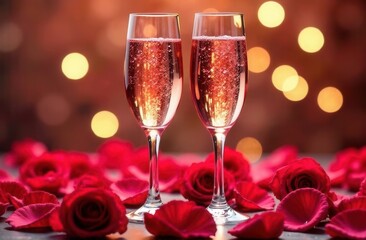 Two glasses of champagne are with beautiful rose petals on a table