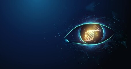 Abstract looped animation of low poly human dna helix inside eye pupil. Human genetics, eyes healthcare and medicine animated medical concept on blue background.