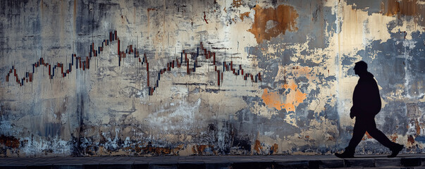 Stock market graphs visually represent market trends on a distressed wall while a person walks by in silhouette during twilight hours