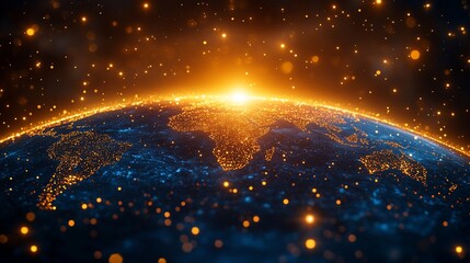 Obraz premium Glowing Earth sunrise, digital world map.