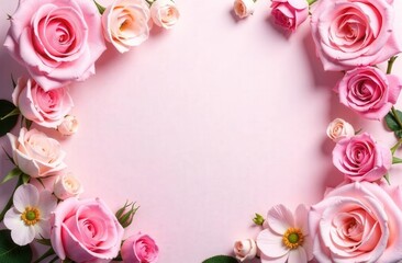 A valentine lovely romantic frame with copyspace of pink roses on a pink background