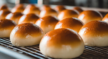 Soft, golden-brown buns are arranged neatly on a wire rack. The bakery is warm, with sunlight illuminating the fresh bread and enhancing its appetizing appearance.
