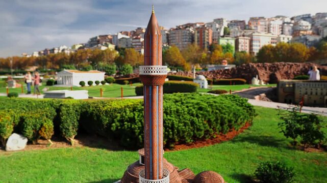Miniature model of the İnce Minareli Medrese, in Miniaturk Park, Istanbul, Turkey. Miniaturk Park in Istanbul, Turkey. Models of architectural objects in Turkey