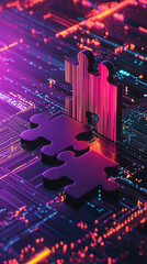 A vibrant, abstract image featuring puzzle pieces and silhouettes against a digital backdrop, symbolizing connection and technology.