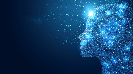 Obraz premium A silhouette of a face made of glowing stars and particles against a dark blue background, symbolizing connection to the universe and consciousness.