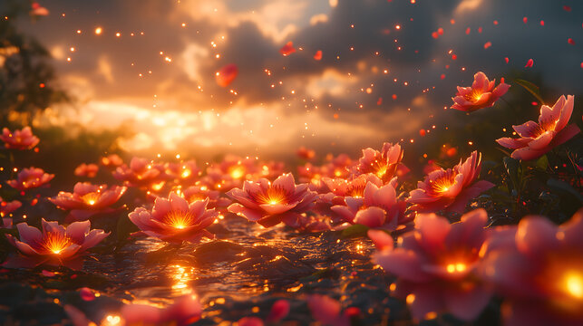 Stunning digital art of glowing flowers floating on a river, illuminated by a warm sunset, creating a serene and enchanting atmosphere