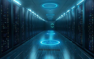 Futuristic server room with glowing data streams.