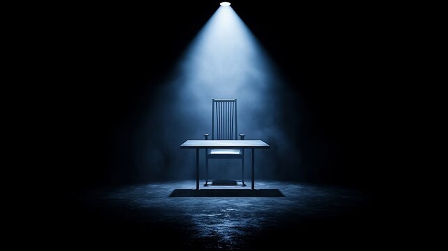 Illuminated chair and table in dark room.
