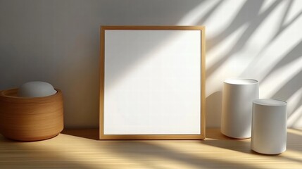 Minimalist Home Decor Mockup Wooden Frame, White Cylinders, and Wooden Bowl