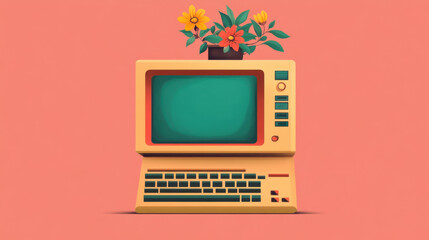 Computer hand drawn, A whimsical illustration of a computer featuring a tiny garden, highlighting creativity and nature in a digital context.