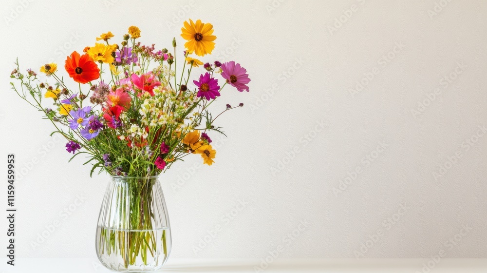 Aufkleber Colorful wildflowers in a clear glass vase arranged on a simple tabletop with ample copy space for text or design elements. Generative AI