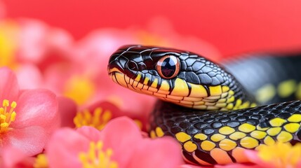 Obraz premium Black and Yellow Snake Among Pink Flowers