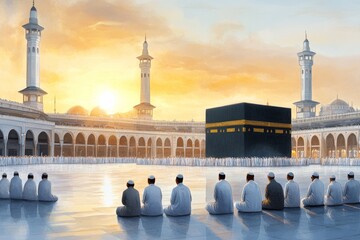 Holy Kaaba in Mecca, Saudi Arabia – Digital Painting of the Sacred Mosque, Hajj, Ramadan, and Muslim Prayer