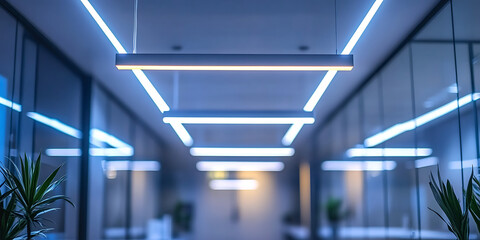 Modern office hall featuring stylish linear pendant lighting and greenery. sleek design creates bright and inviting atmosphere, perfect for productivity and collaboration