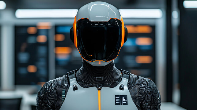 Sleek futuristic humanoid robot with a high-tech design, showcasing advanced technology and innovation in an industrial setting