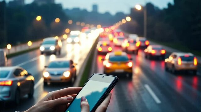 Heavy traffic during evening commute with smartphone use observed on rainy day in urban area