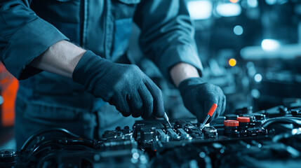 Dedicated Mechanic in Black Jacket Skillfully Repairing Car Engine with Focused Expression in Industrial Workshop Environment