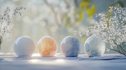 Obraz premium Four glass spheres with different textures and colors, arranged on a surface with delicate white flowers.