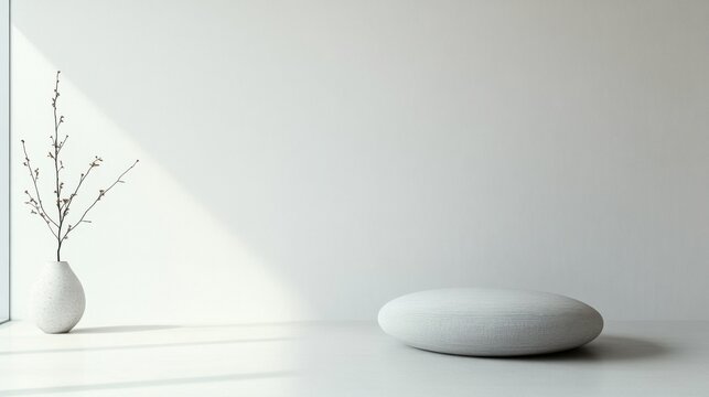 Contemporary minimalist meditation corner with minimal decor. Featuring clean lines and a serene design