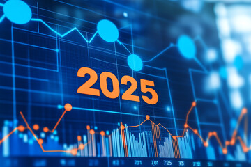A glowing wireframe illustration of the text "2025" in the center of a transparent background, highlighted by intricate blue and black data points, symbolizing futuristic innovation and progress.

